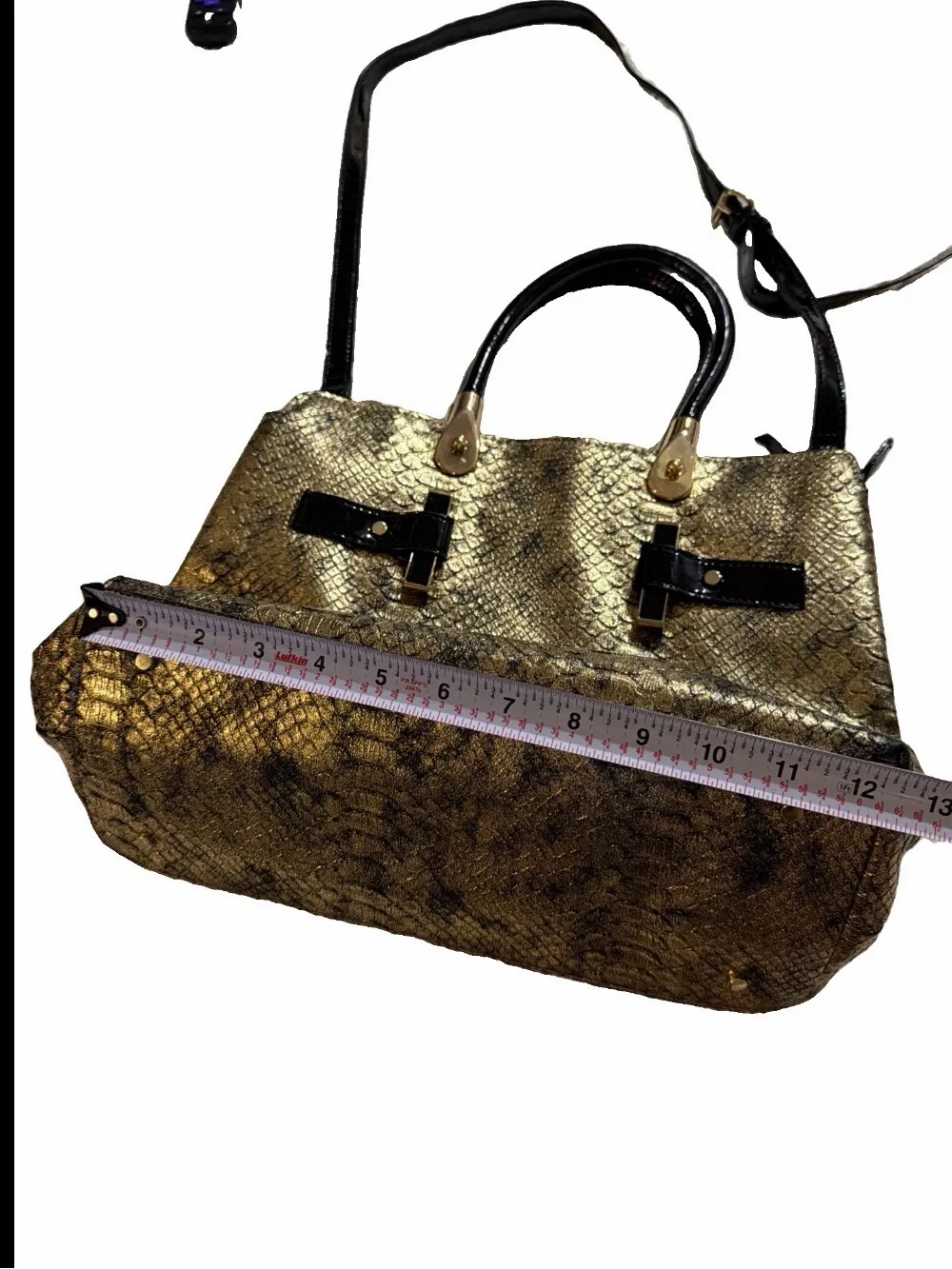 Gianni Bini Gold Snake-Texture Satchel Handbag with Black Accents